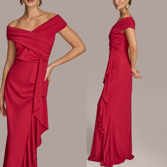 Donna Karen Elegant Red Off-Shoulder Evening Gown - Picture 3 of 9